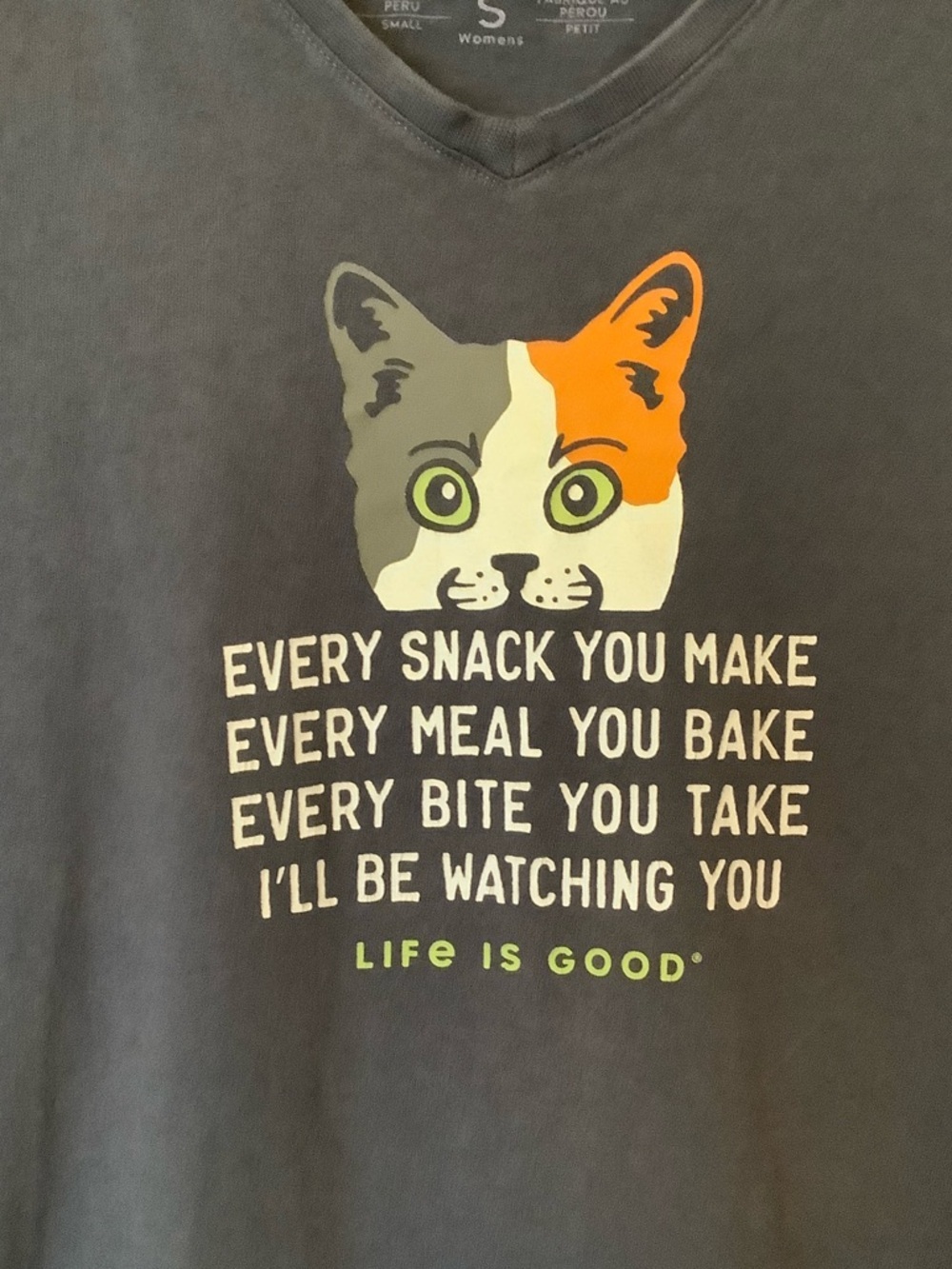 Life Is Good Navy V‑Neck Cat Graphic Tee with Tricolor Cat - Picture 2 of 6
